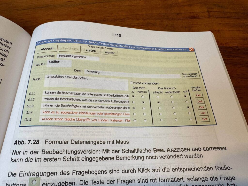 Die Excel-Eingabemaske aus demBASA II Buch von Gabriele Richter und Martin Schatte. Psychologische Bewertung von Arbeitsbedigungen / Screening für Arbeitsplatzinhaber II